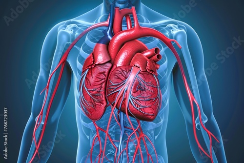 Detailed Human Cardiovascular System Illustration with Heart and Vein Anatomy on Blue Background photo