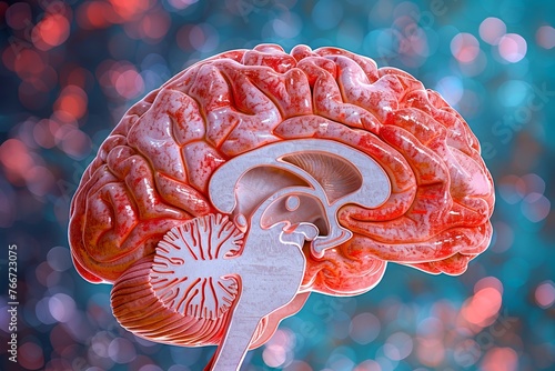 High Resolution 3D Render of a Human Brain Model on Abstract Blurry Bokeh Background for Medical and Educational Use