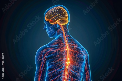 Detailed Human Anatomy Illustration Showing Brain and Nervous System on a Dark Background