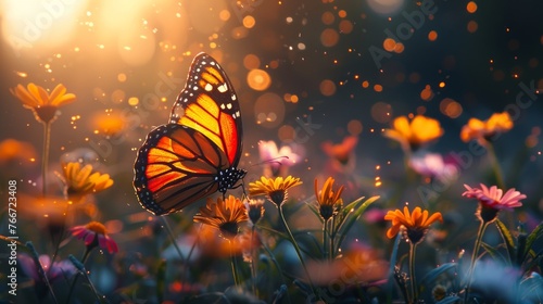 A stunning Monarch butterfly perches delicately on vibrant yellow flowers, bathed in the soft glow of the setting sun, evoking a sense of calm and awe