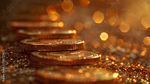 close up of stacks of coins on a table, with a warm orange glow coming from somewhere off-camera.  photo