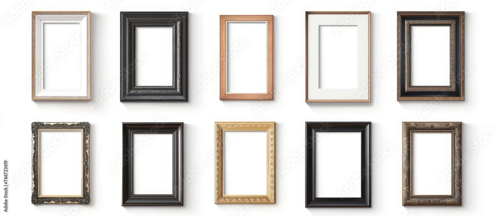 A realistic collage of picture frames is shown against a white background, ideal for use in presentations or on a wall interior. A realistic collage of picture frames is shown against a white background, ideal for use in presentations or on a wall interior.
