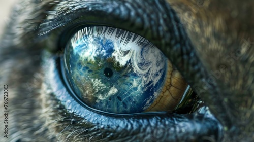 This image captures a close view of an animal's eye reflecting a world map, emphasizing global connection
