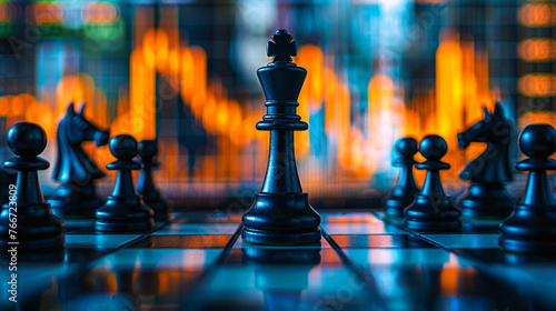 Close-up of a chessboard with pieces set in a strategic financial battle, positioned against the backdrop of fluctuating market graphs, a metaphor for the game-like tactics of investment