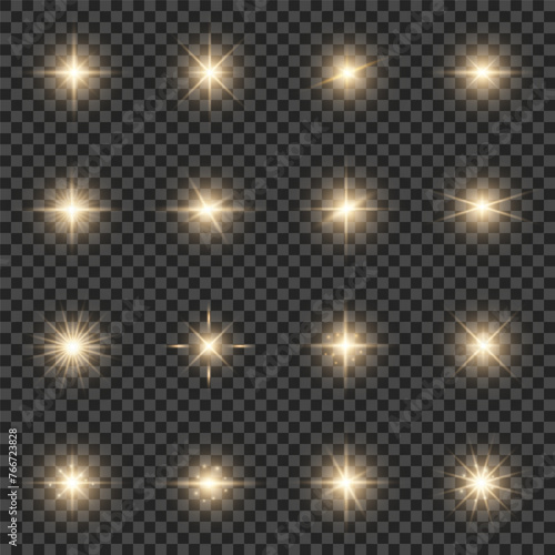 Set of realistic golden burst lights, bright stars, sparkles. Vector illustration on a transparent background