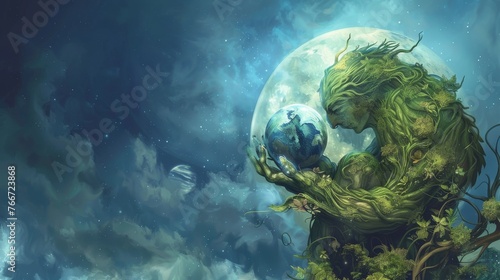 A serene fantasy illustration of a nature deity tenderly holding a miniature earth, evoking preservation photo