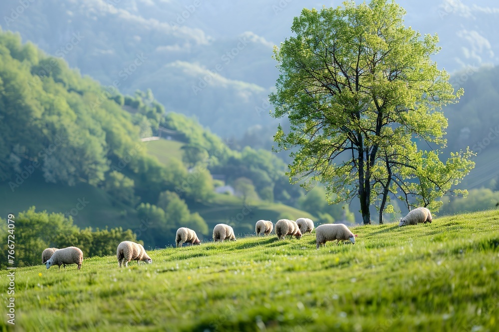 Obraz premium A herd of sheep grazing on lush green pastures in springtime.