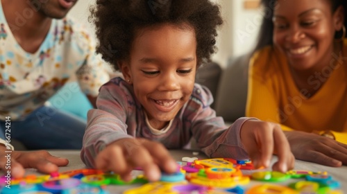 The child enthusiastically engages with a unique toy that teaches math skills through fun and interactive games as their parents observe with pride.