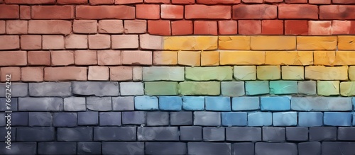 A rainbow art piece created by painting vibrant colors on a solid brick surface