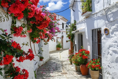 Narrow street white walls flowerpots Greece © InfiniteStudio