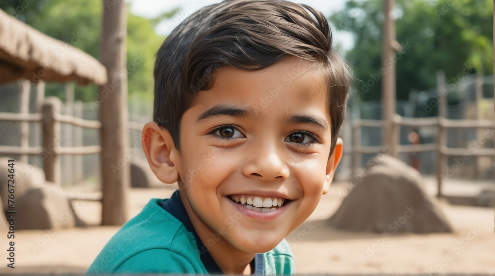 A happy mexican kid boy in zoo looking at the camera from Generative AI A happy mexican kid boy in zoo looking at the camera from Generative AI