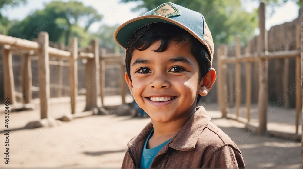 A happy mexican kid boy in zoo looking at the camera from Generative AI A happy mexican kid boy in zoo looking at the camera from Generative AI