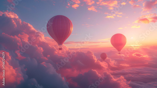Hot air balloons of different shapes and colors float in the sky above a city. The sun is setting, casting a warm glow on the scene.
