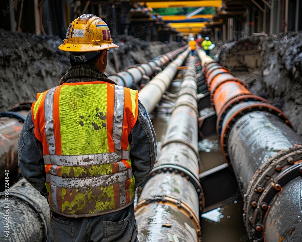 Worker Inspecting Urban Pipeline Construction