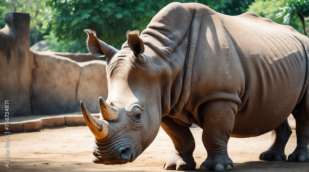 Fototapeta premium A rhinoceros in zoo looking at the camera from Generative AI