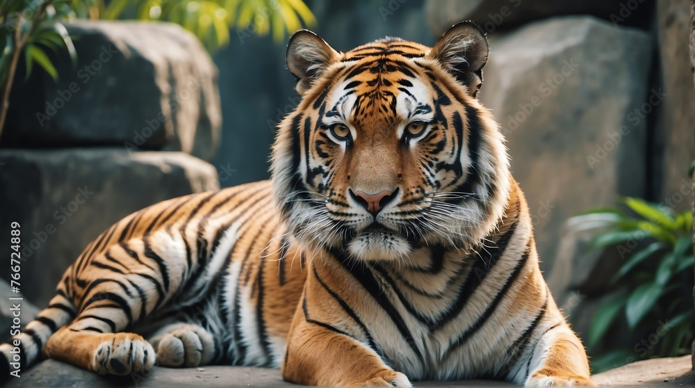 Fototapeta premium A tiger in zoo looking at the camera from Generative AI