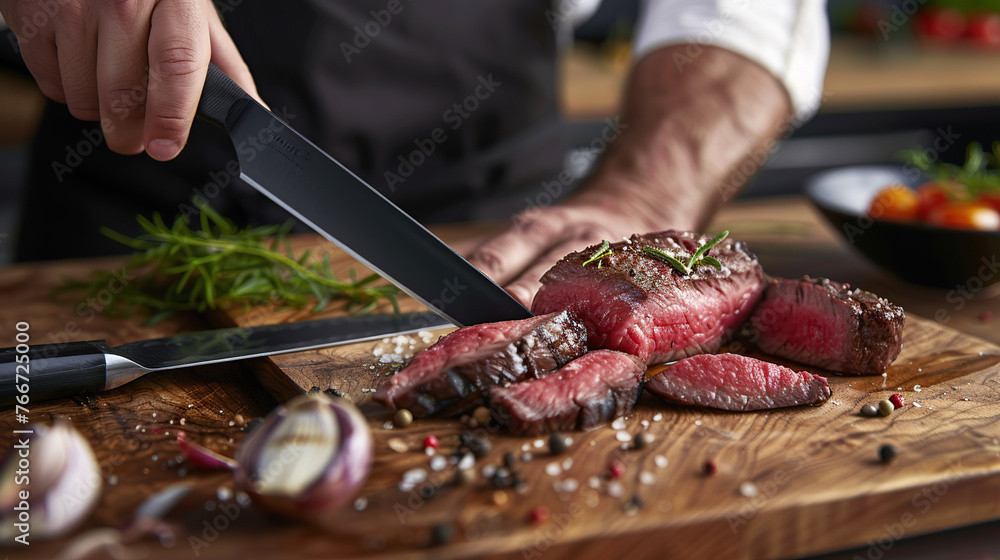 Chef's hands cutting a steak