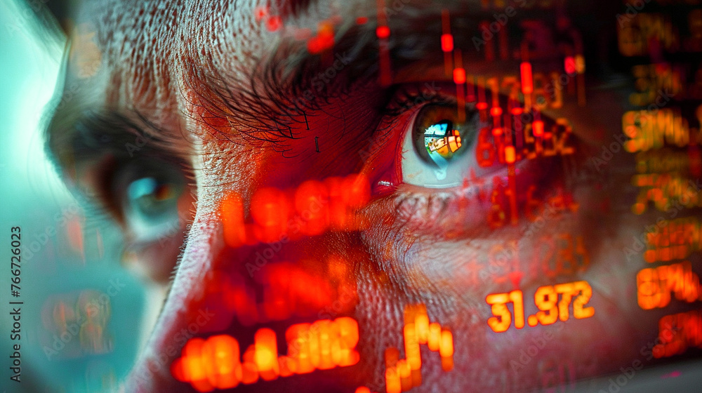 A person's eye reflected in the glow of red stock market numbers, indicating focused financial analysis- amplifying the moment of financial uncertainty