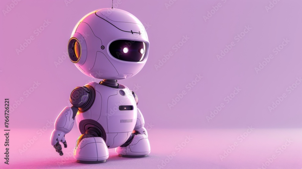 White and Silver Robot with Friendly Face on a Soft Purple Background White and Silver Robot with Friendly Face on a Soft Purple Background