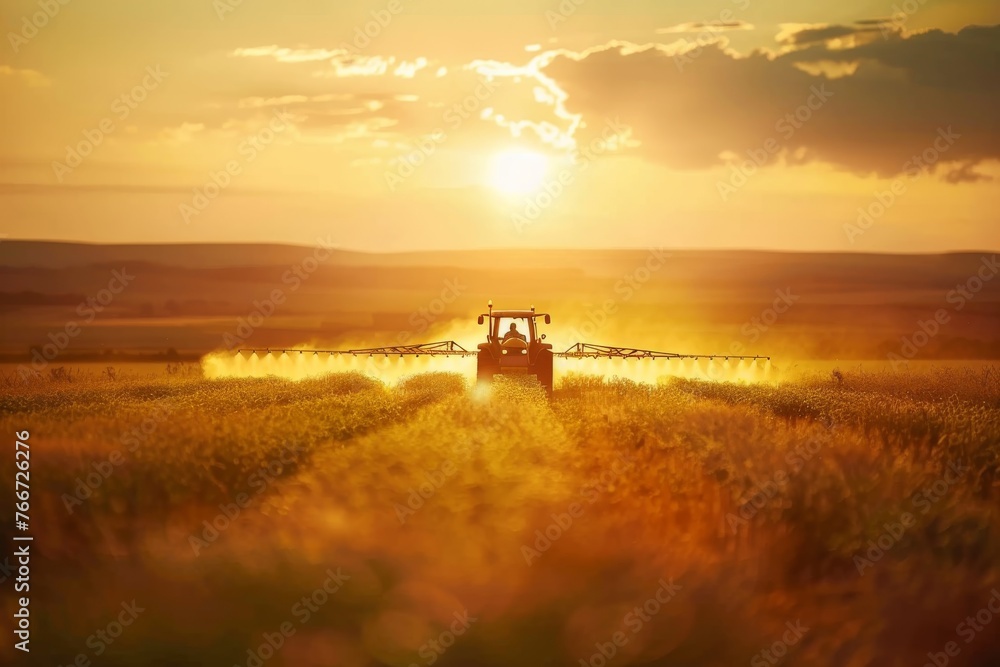Fototapeta premium A tractor spraying pesticide on soybean farm at spring sunset.