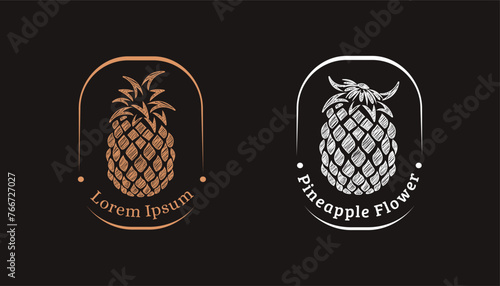 vintage seal emblem label Flower and pineapple Logo Icon vector template on black background