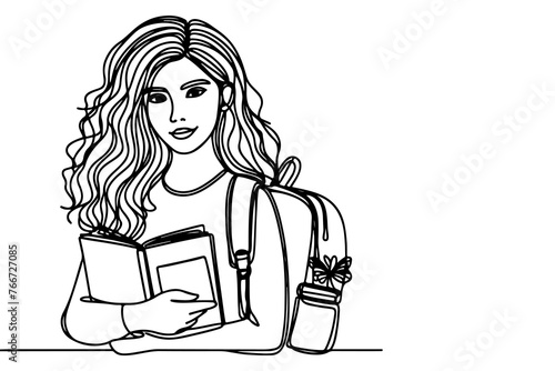 one continuous black line drawing young school girl with a backpack and carrying book Back to school concept outline doodle vector illustration on white background