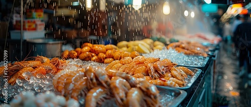 A panoramic view of a seafood market with water mist, a fresh feast for the eyes