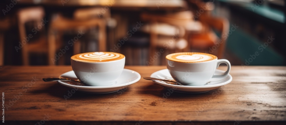 Two coffee cups filled with cappuccino are placed on a wooden table, surrounded by other serveware and dishware Two coffee cups filled with cappuccino are placed on a wooden table, surrounded by other serveware and dishware
