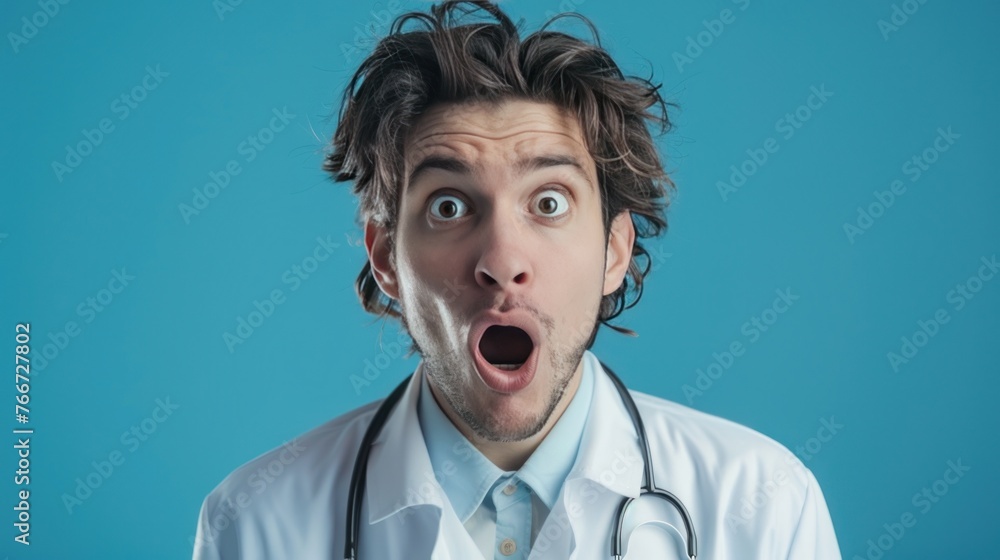 Shocked young male doctor on blue background