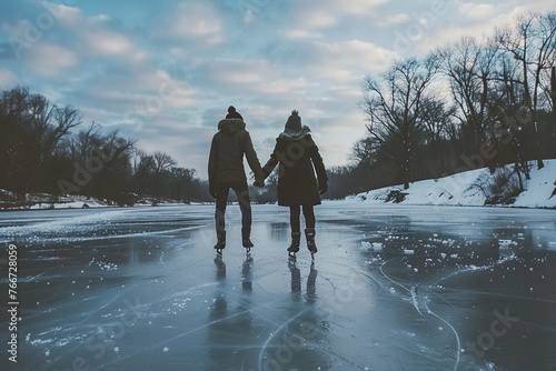 A couple ice skating hand in hand on a frozen pond in winter. © Photock Agency
