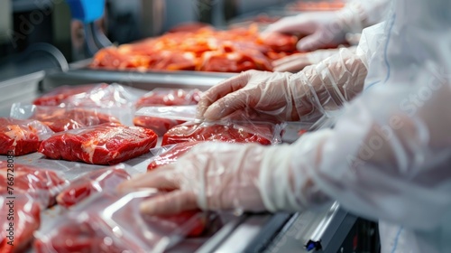 Manual meat packing with vacuum sealer for food packaging in meat factories