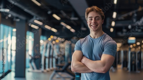 A handsome young man stands with his arms crossed in the fitness center. , exercise line