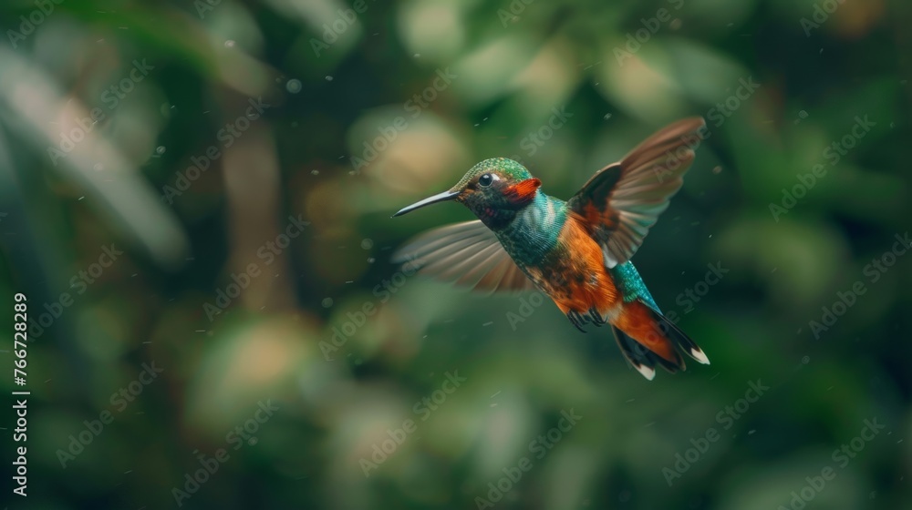 Fototapeta premium A cinematic shot of a hummingbird in mid-flight AI generated illustration