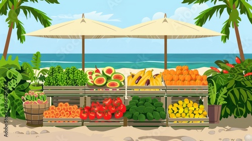 A basic illustration of a beachside market selling fresh produce AI generated illustration