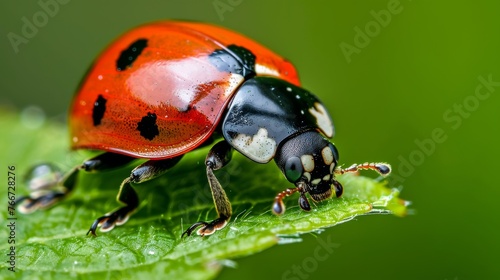 A breathtaking close-up of a ladybug crawling on a leaf AI generated illustration