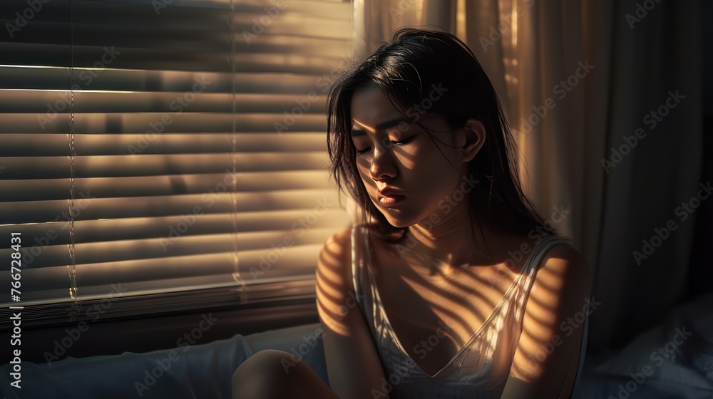 A Domestic violence: Asian woman sitting depressed alone in bedroom Feeling sad and disappointed in love In a dark bedroom and sunlight from the window coming through the blinds. - obrazy, fototapety, plakaty 