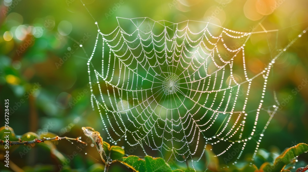 An intimate view of a dew-covered spider web AI generated illustration An intimate view of a dew-covered spider web AI generated illustration
