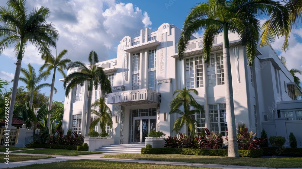 Art Deco Architecture Cinematic shots of Art Deco-style properties showcasing iconic architecture geometric designs and vintage AI generated illustration