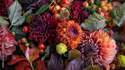 Autumn Harvest Florals Detailed photographs of autumn harvest florals featuring rich hues seasonal foliage and rustic accents c AI generated illustration