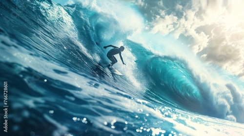 Young surfer surfs a big ocean wave in a tropical sea.