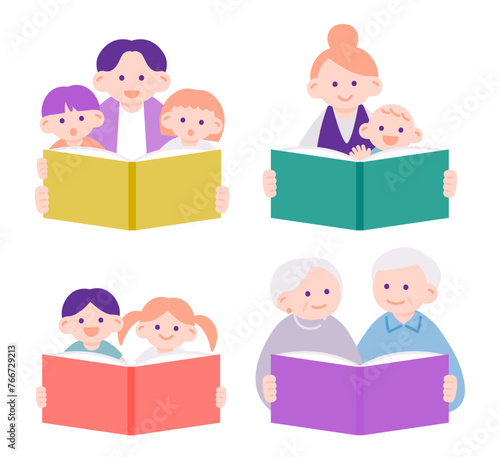 一緒に読書を楽しむ人物のイラスト素材