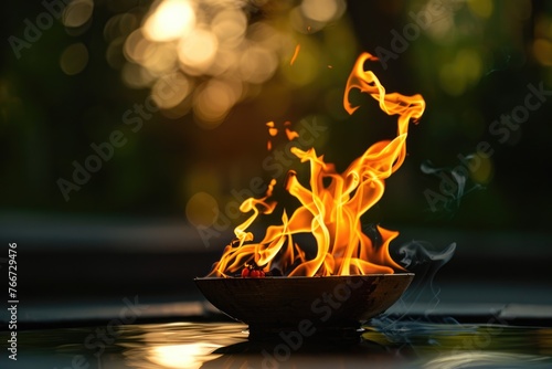 Fire burning with orange flame in a black bowl. AI Generated 