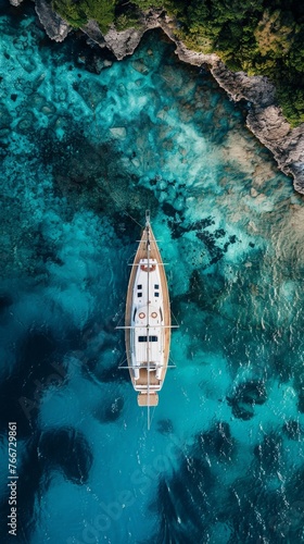 Aereal view of a boat floating on a turquoise blue ocean photo