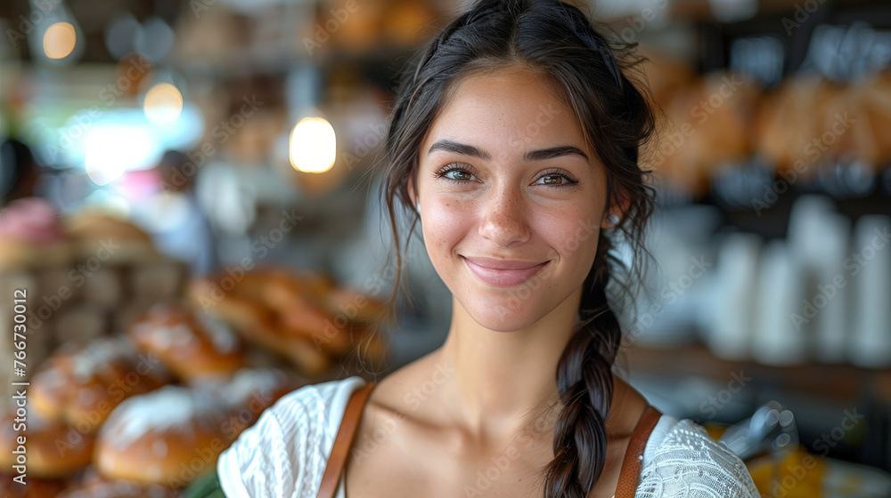 Happy female owner of a delicious bakery Happy female owner of a delicious bakery