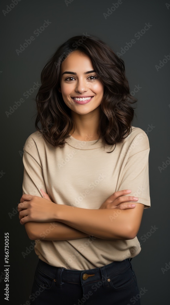 Fototapeta premium Portrait of young Mexican woman with pleasant smile and arms crossed isolated on gray wall with copy space Beautiful young woman with folded arms looking at camera against gray wall. isolated studio
