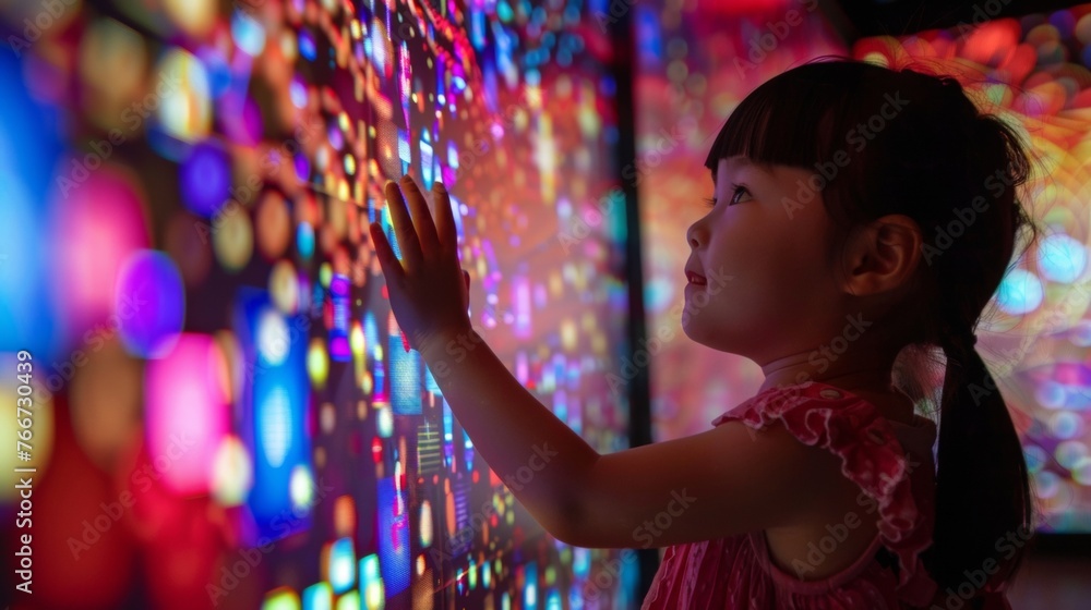 A little girl sits in front of a giant interactive light wall her eyes wide with wonder as she moves her hands to control the patterns and colors. The museum guide explains A little girl sits in front of a giant interactive light wall her eyes wide with wonder as she moves her hands to control the patterns and colors. The museum guide explains