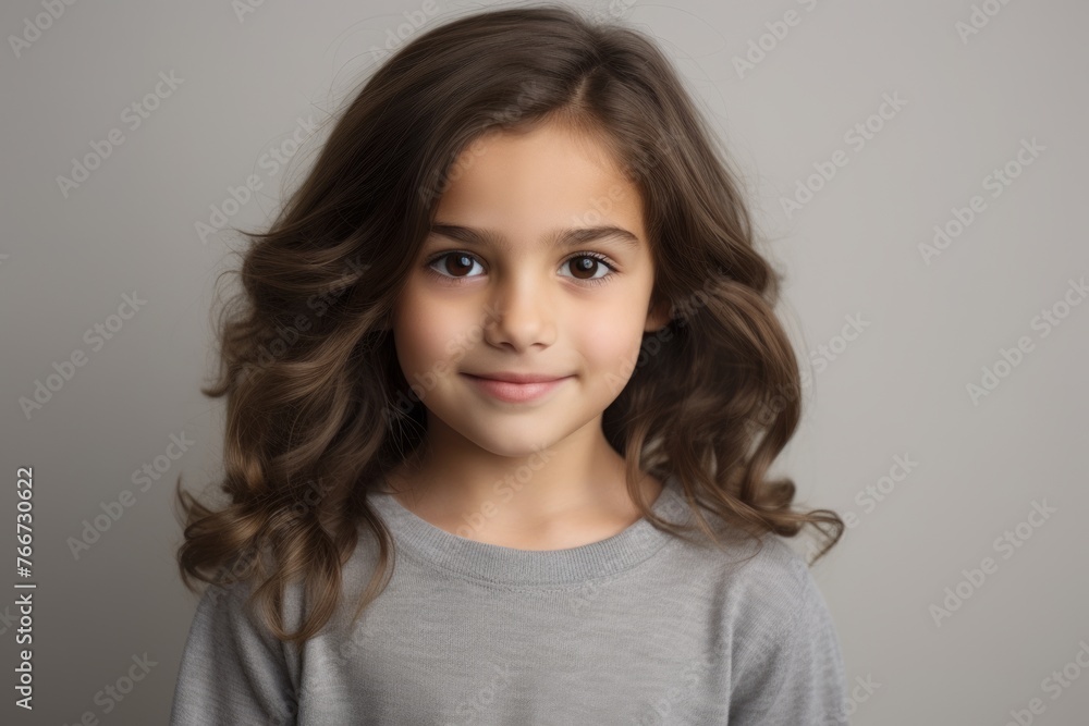 Portrait of a cute little girl with long curly hair on gray background Portrait of a cute little girl with long curly hair on gray background