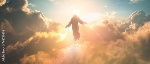 The resurrected Jesus Christ ascending to heaven above the bright light sky and clouds and God, Heaven and Second Coming concept