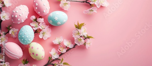 Background with stylish colorful easter eggs on pink pastel background accompanied by blooming cherry branches. This design is ideal for web banners  showcasing a flat lay  top view  mockup style.