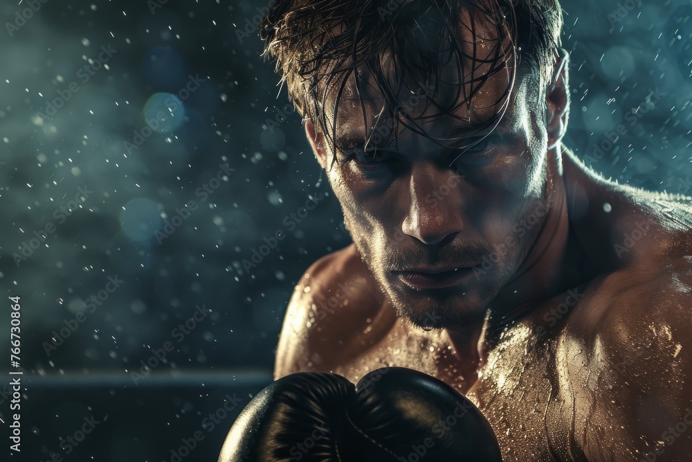 Focused boxer in the ring during the rain - obrazy, fototapety, plakaty 